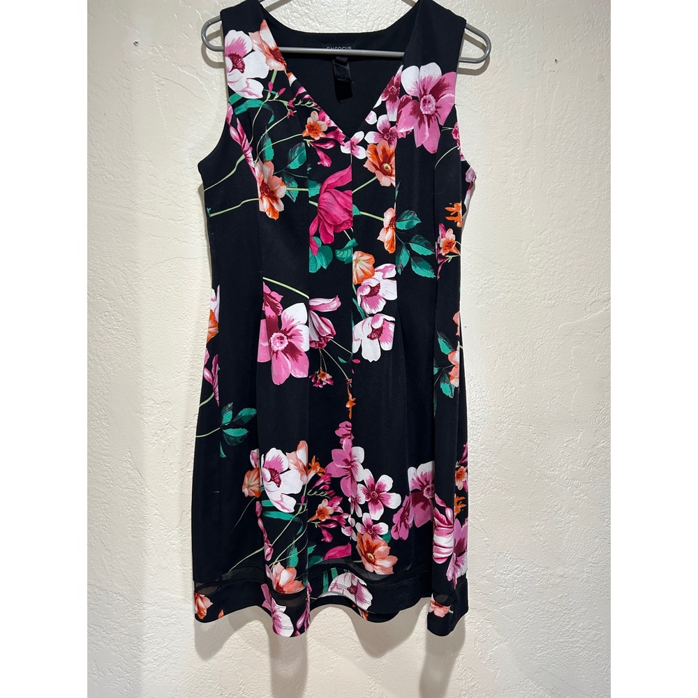 Enfocus Studio Womens Black Floral V-Neck Sleeveless‎ Mesh Hem Dress Size 14